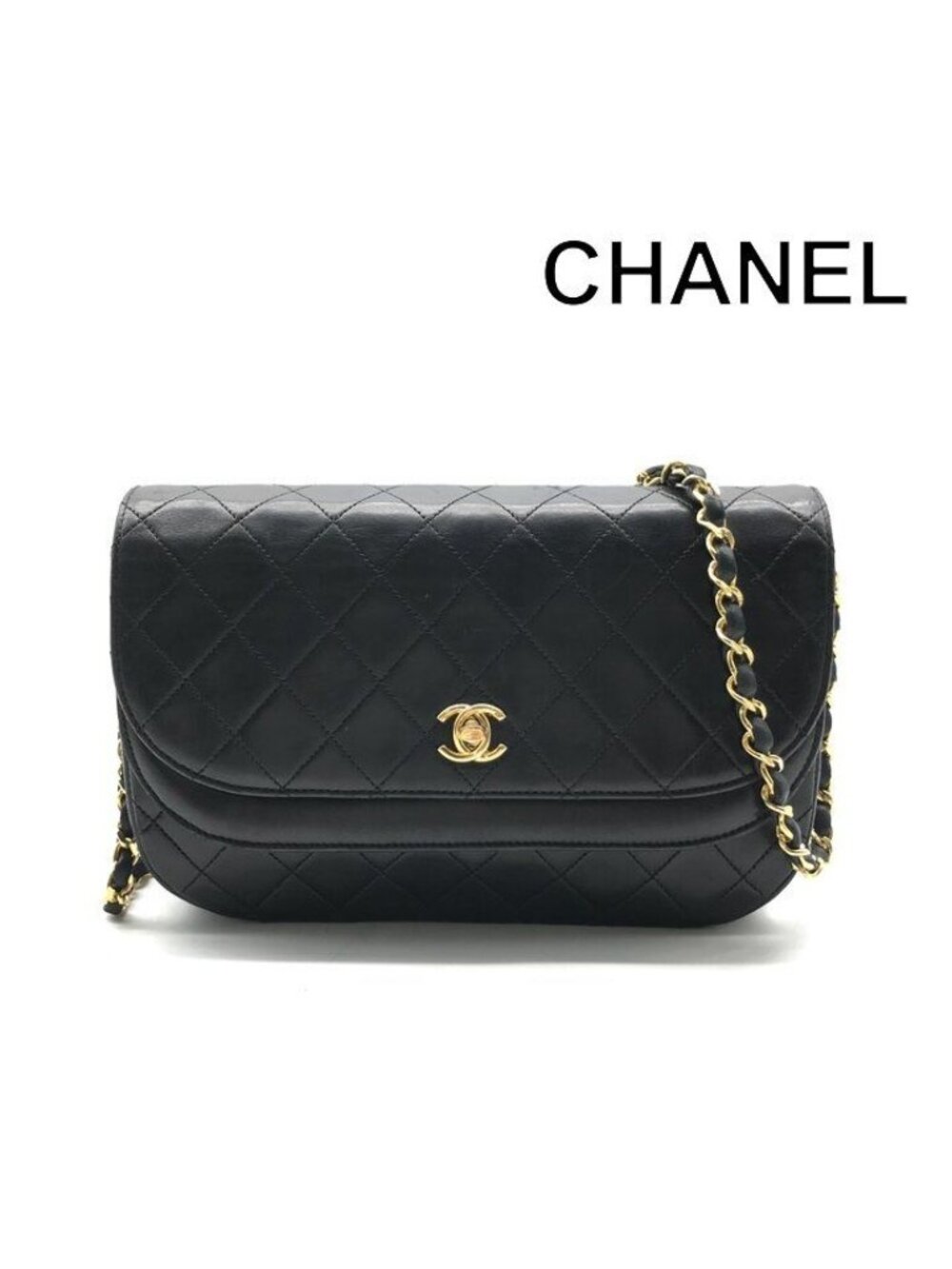 Chanel CC Logo Quilted Turnlock Half Moon Chain Shoulder Bag Black